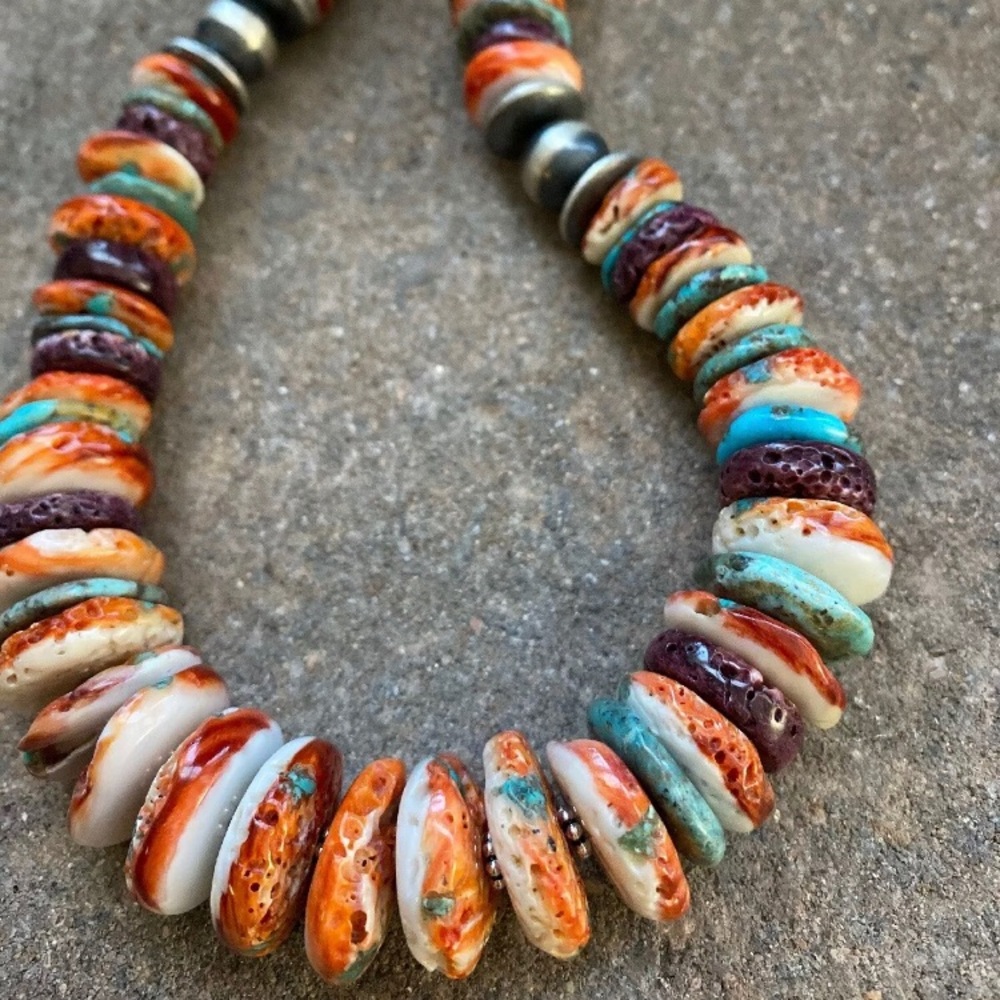 S.S.Multi StoneTurquoiseSpiny Oyster Bead Necklace - Picture 3 of 8